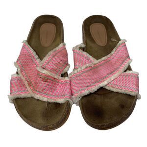 Anthropologie Pink Embroidered Slide On Sandals